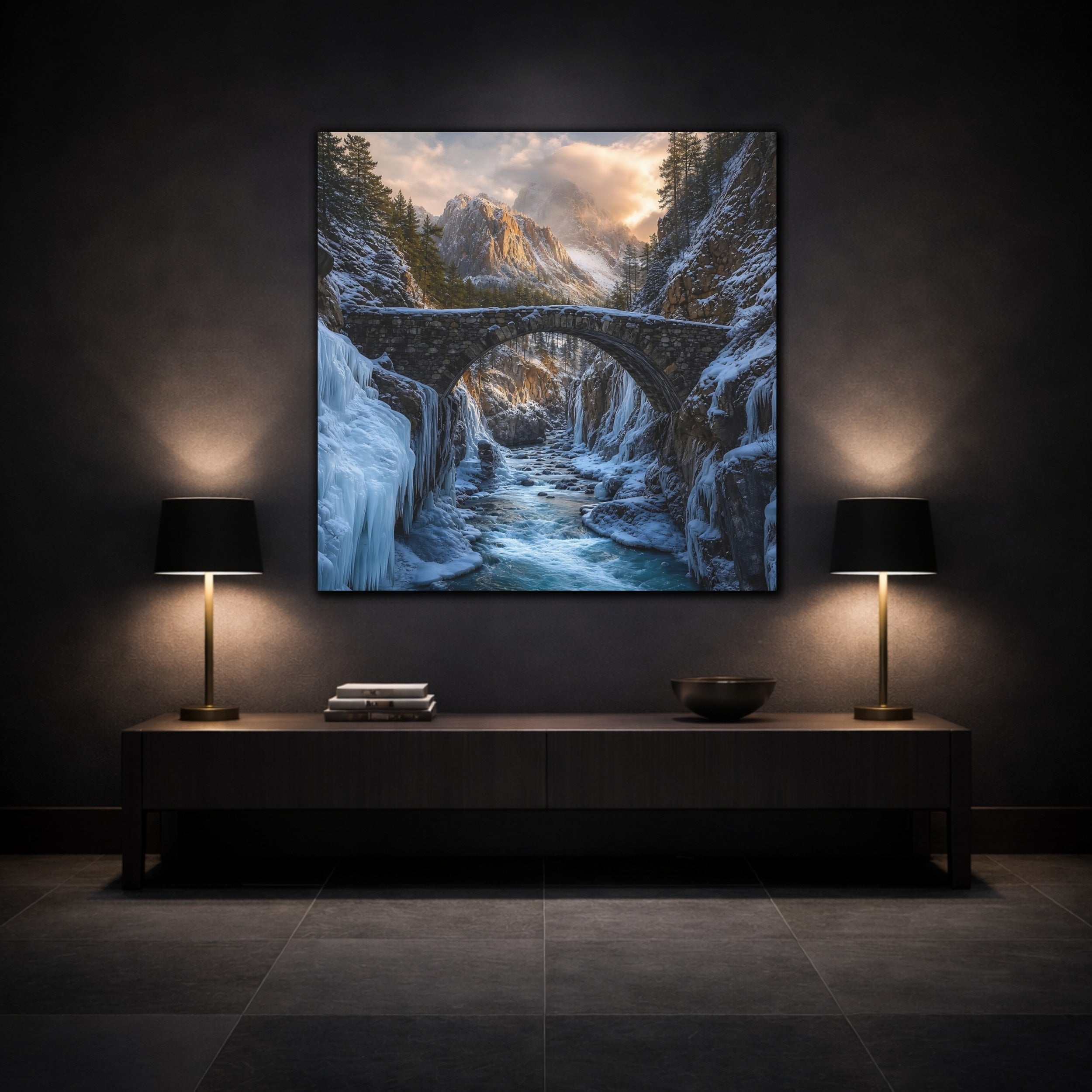Mockup 3. Nature Winter Canyon Winter Landscape shown as stretched canvas wall art