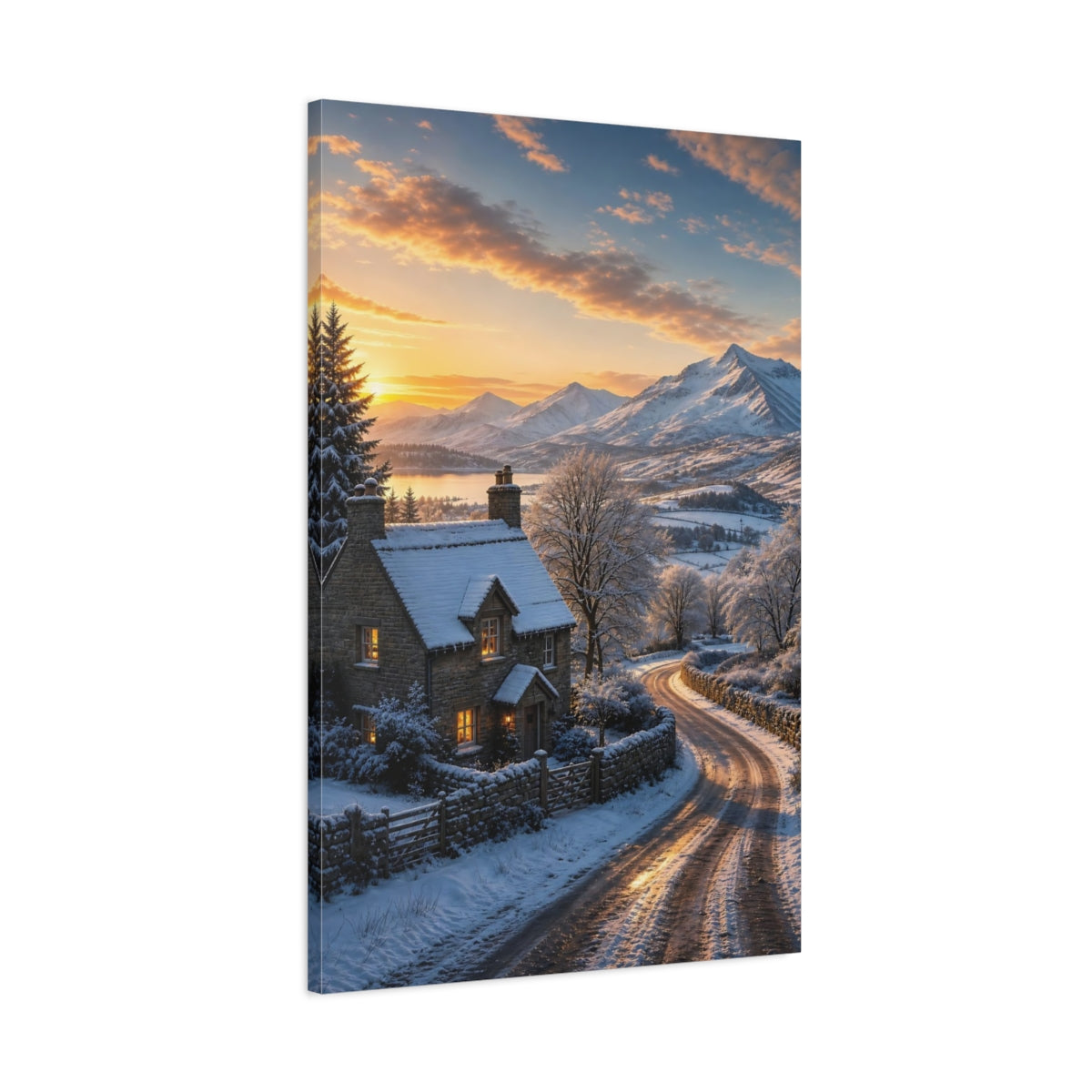 Main Mockup. Nature Winter Cottage Snowy Cottage Sunset shown as stretched canvas wall art