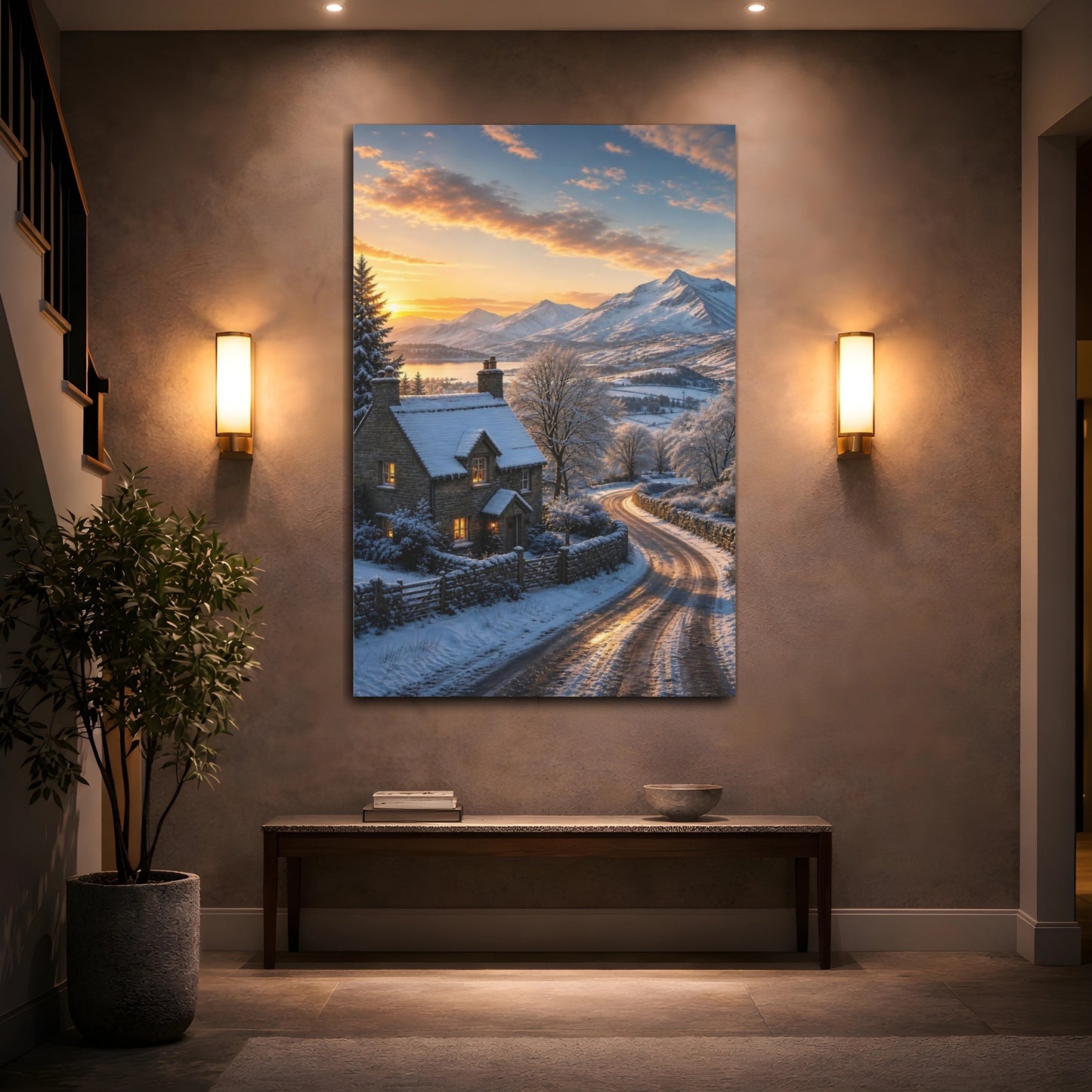 Mockup 2. Nature Winter Cottage Snowy Cottage Sunset shown as stretched canvas wall art