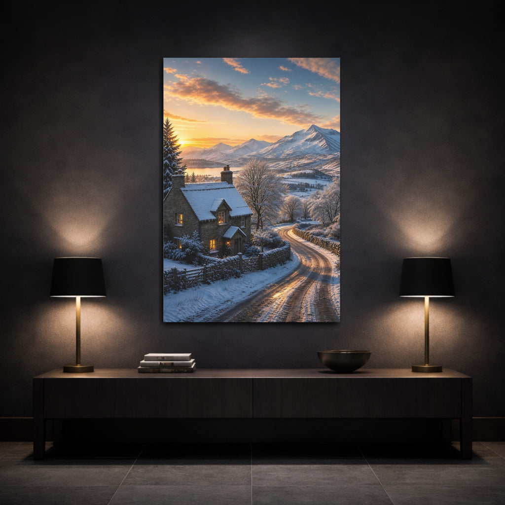 Mockup 3. Nature Winter Cottage Snowy Cottage Sunset shown as stretched canvas wall art