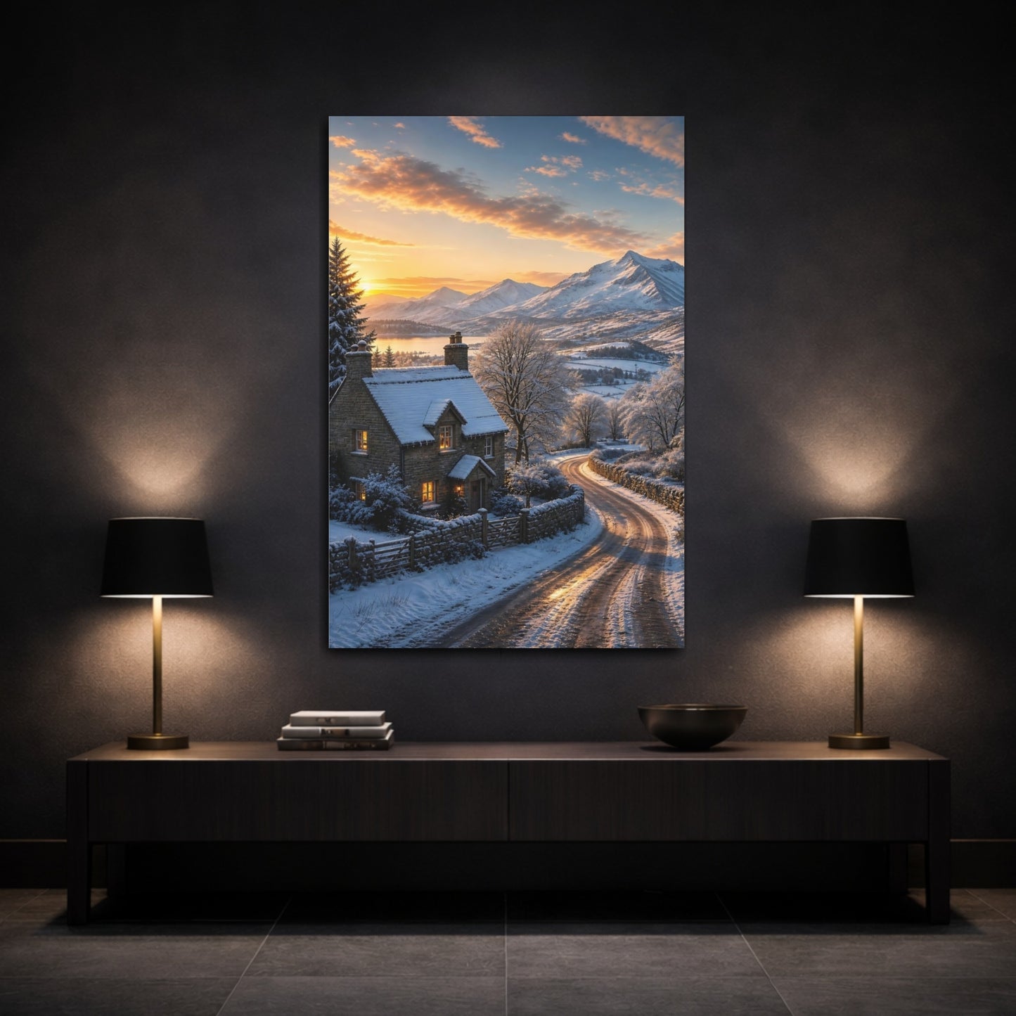 Mockup 3. Nature Winter Cottage Snowy Cottage Sunset shown as stretched canvas wall art