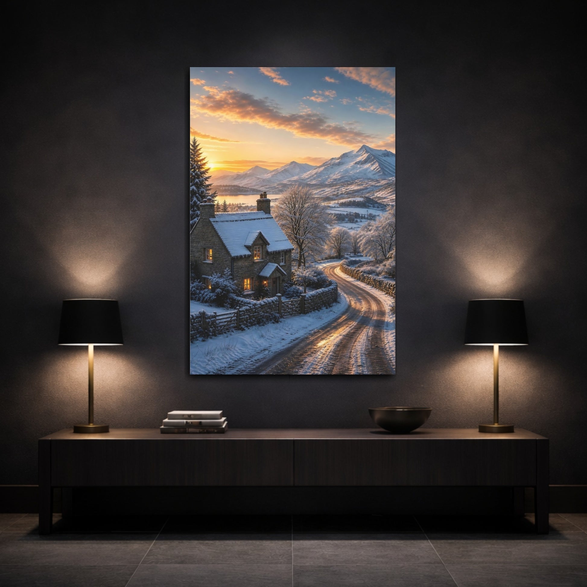Mockup 3. Nature Winter Cottage Snowy Cottage Sunset shown as stretched canvas wall art