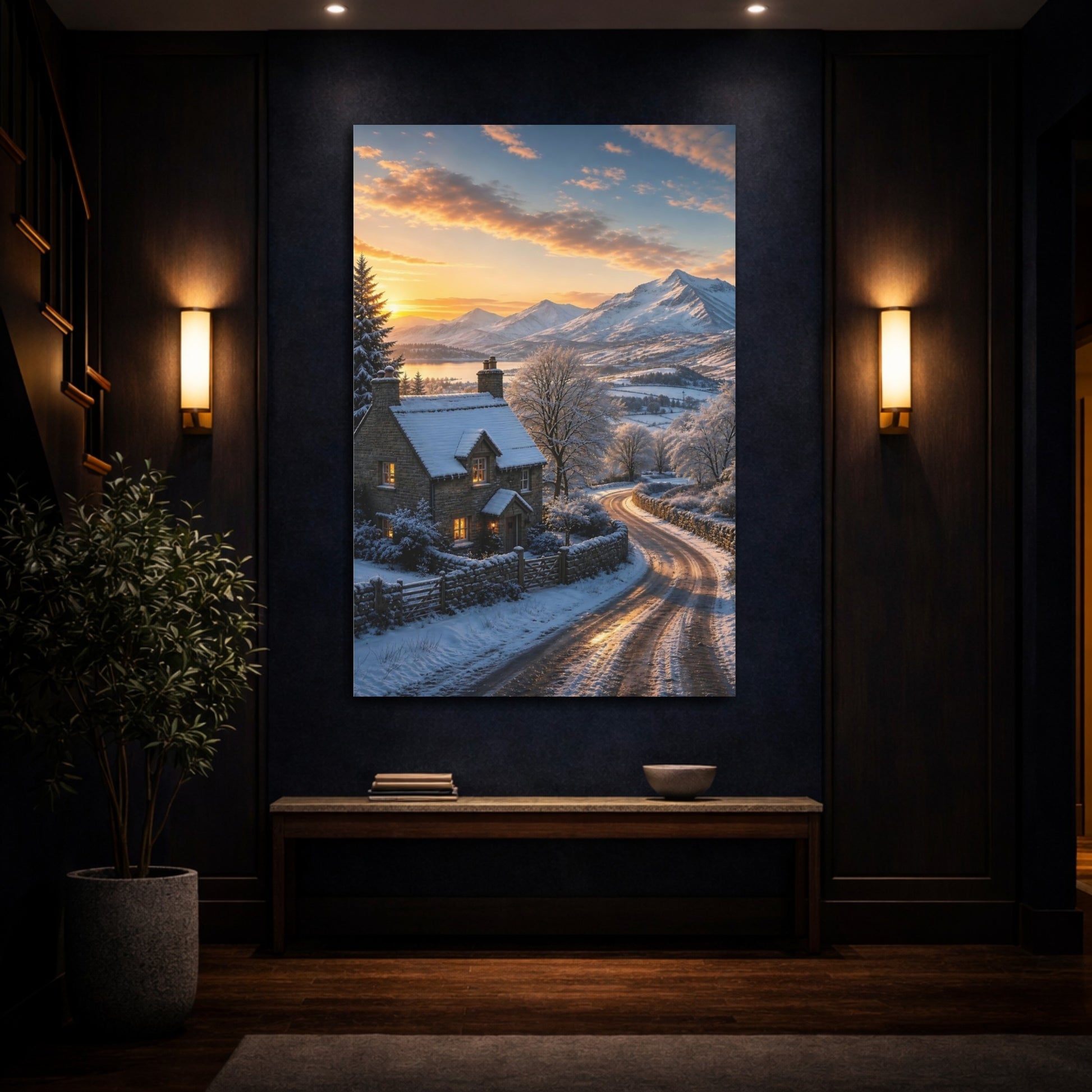 Mockup 4. Nature Winter Cottage Snowy Cottage Sunset shown as stretched canvas wall art