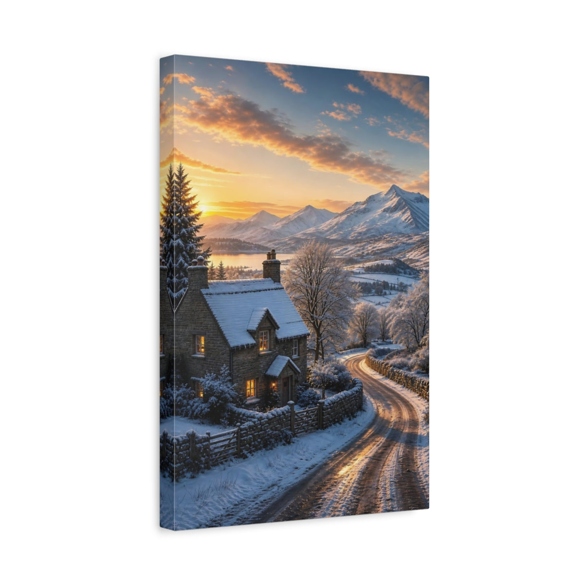 Side Mockup 4. Nature Winter Cottage Snowy Cottage Sunset shown as stretched canvas wall art