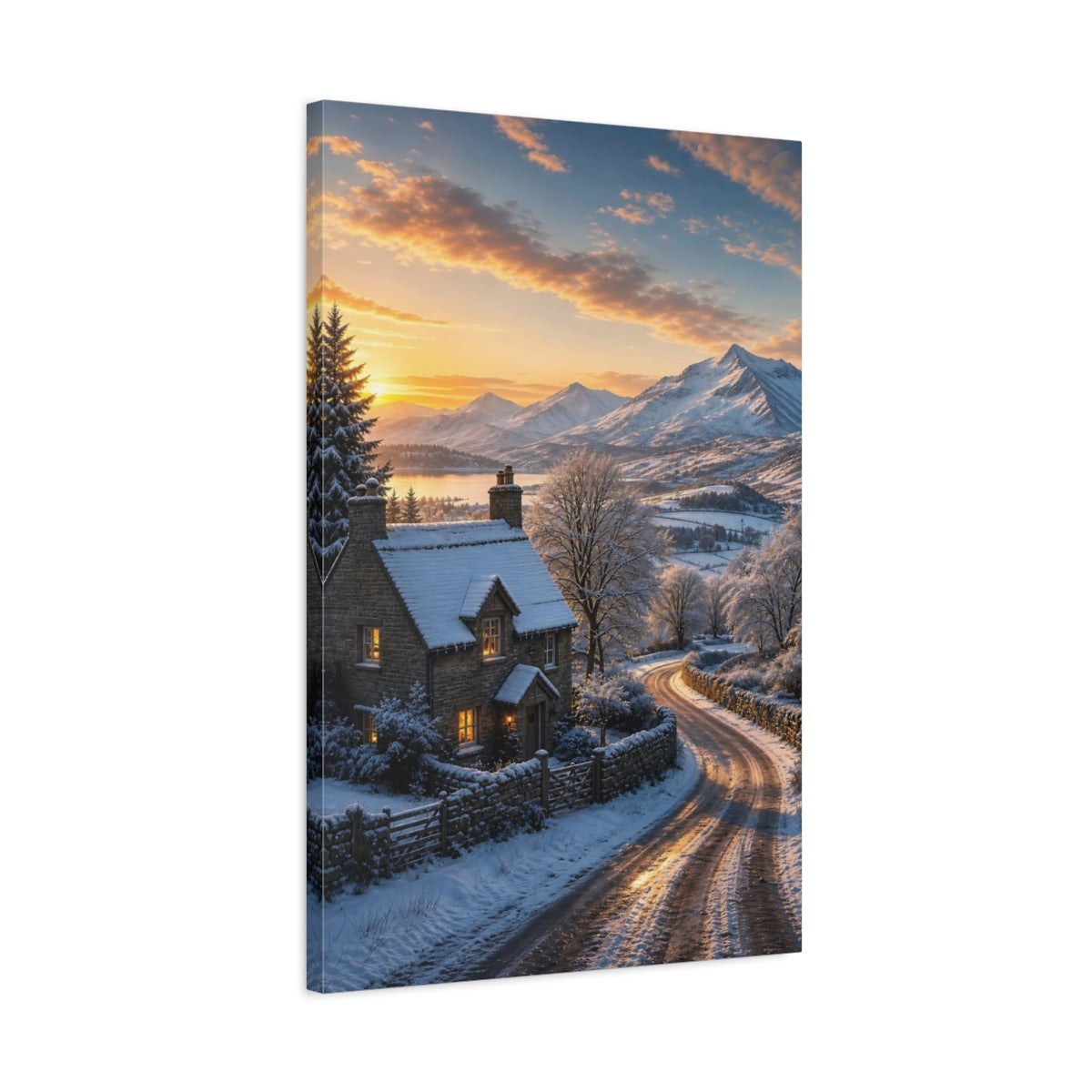 Side Mockup 2. Nature Winter Cottage Snowy Cottage Sunset shown as stretched canvas wall art