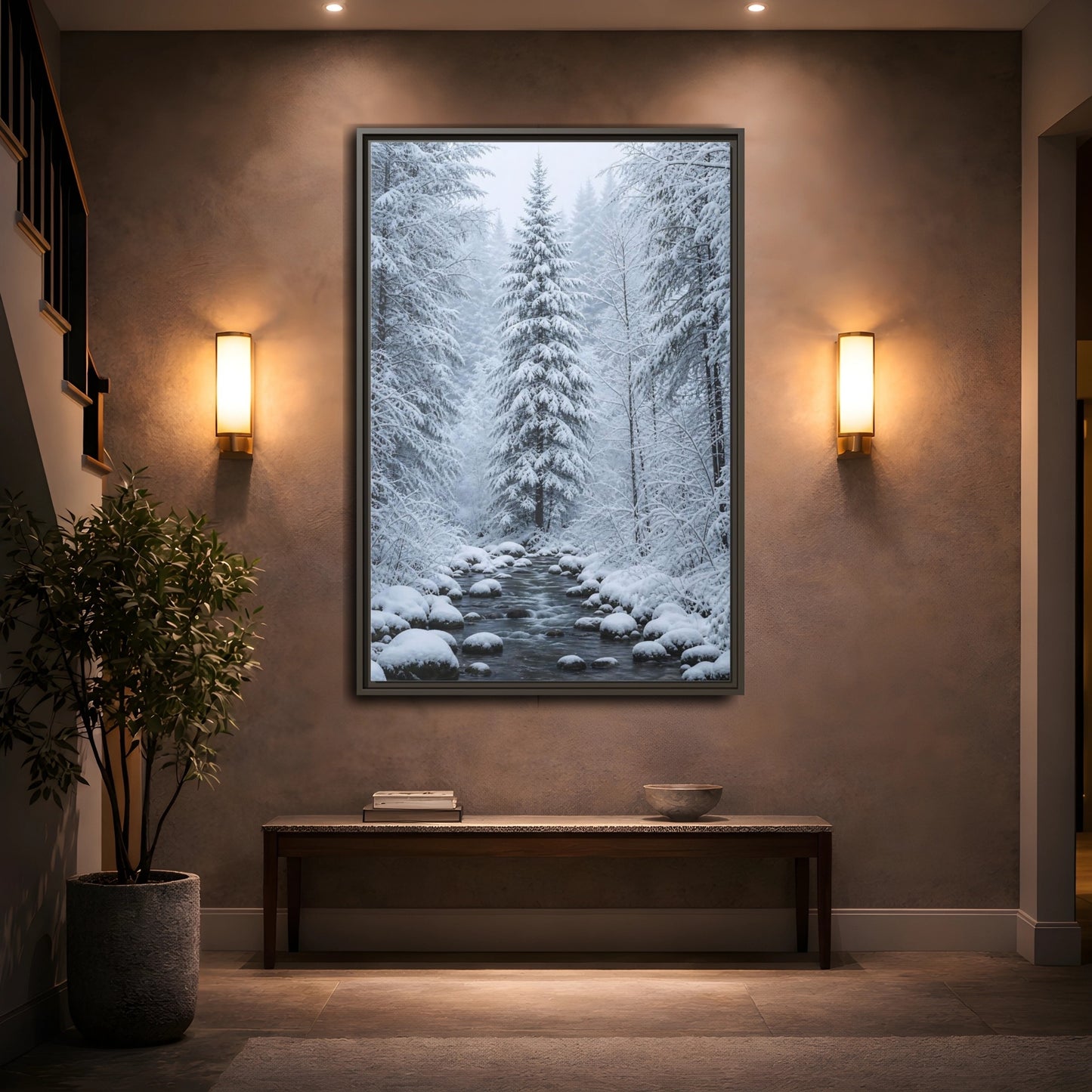 Mockup 2. Nature Winter Forest Snowy Forest Scene shown as stretched canvas wall art