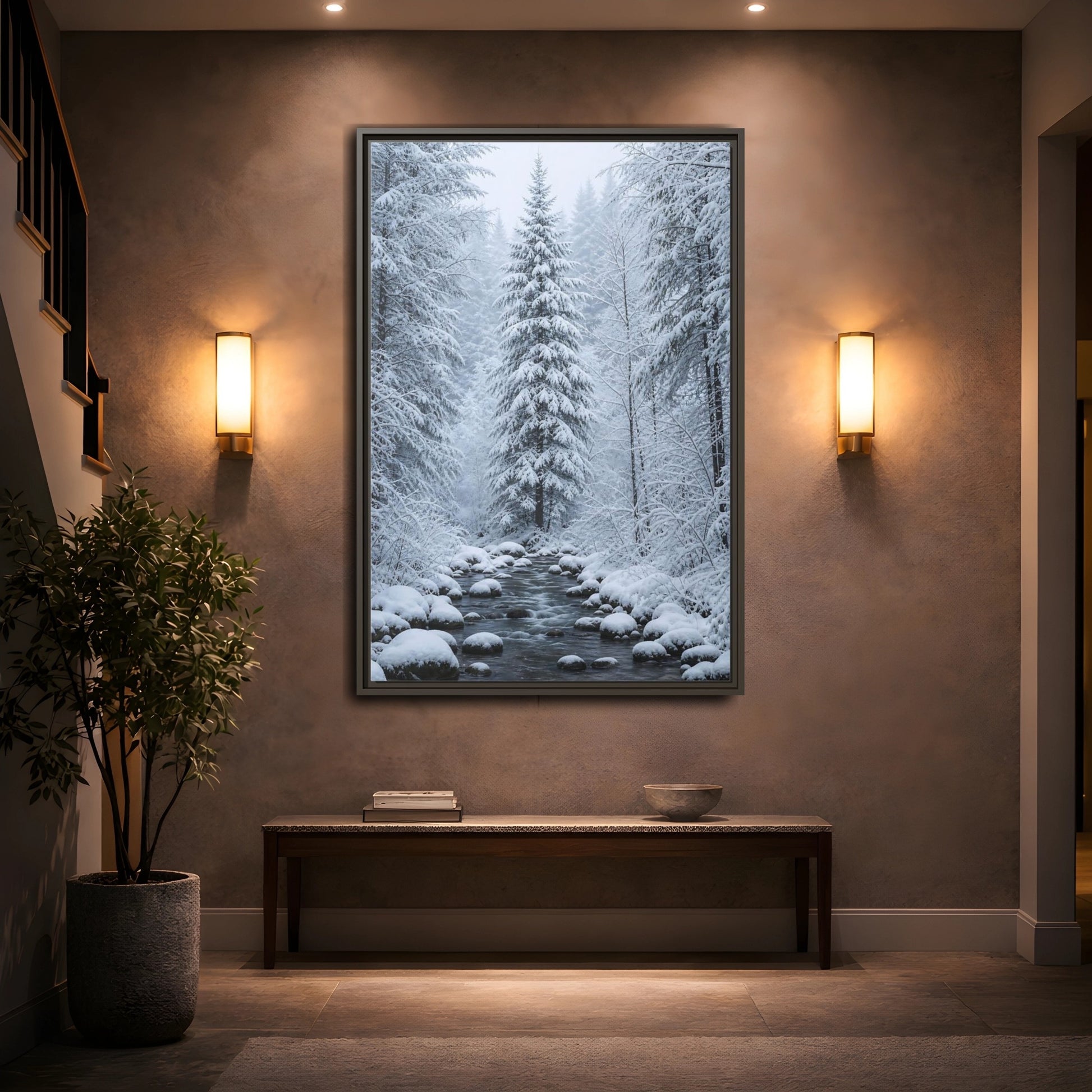 Mockup 2. Nature Winter Forest Snowy Forest Scene shown as stretched canvas wall art