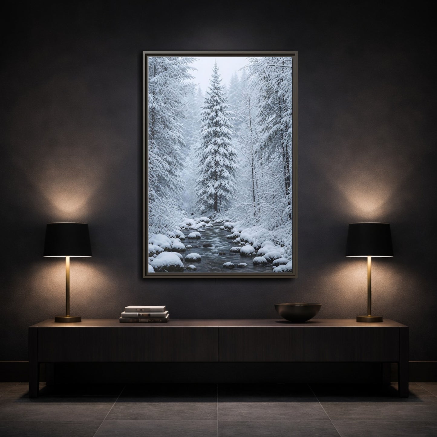 Mockup 3. Nature Winter Forest Snowy Forest Scene shown as stretched canvas wall art