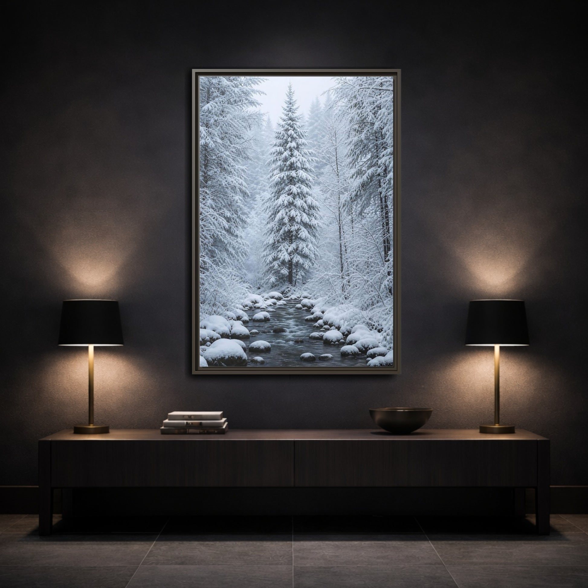 Mockup 3. Nature Winter Forest Snowy Forest Scene shown as stretched canvas wall art