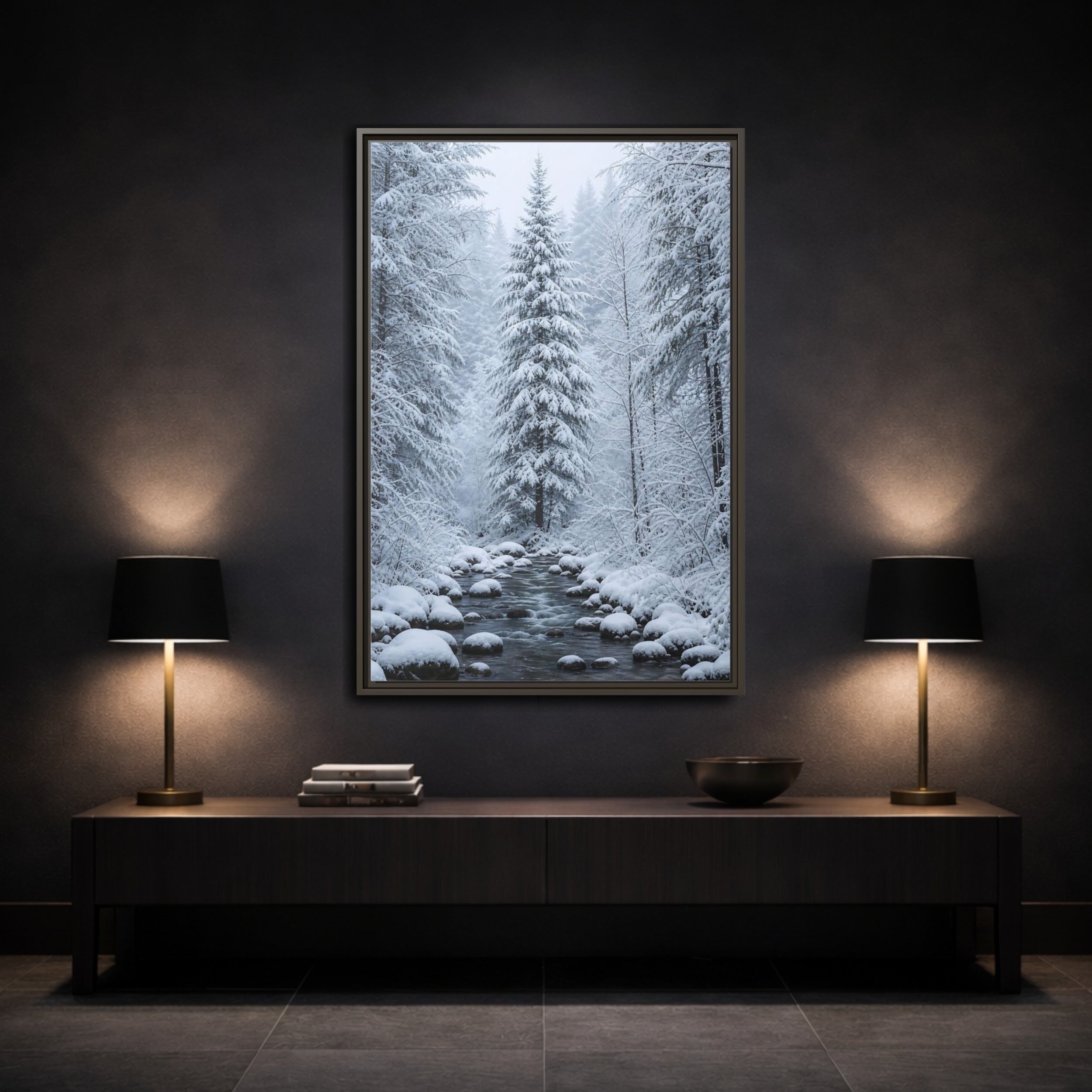 Mockup 3. Nature Winter Forest Snowy Forest Scene shown as stretched canvas wall art