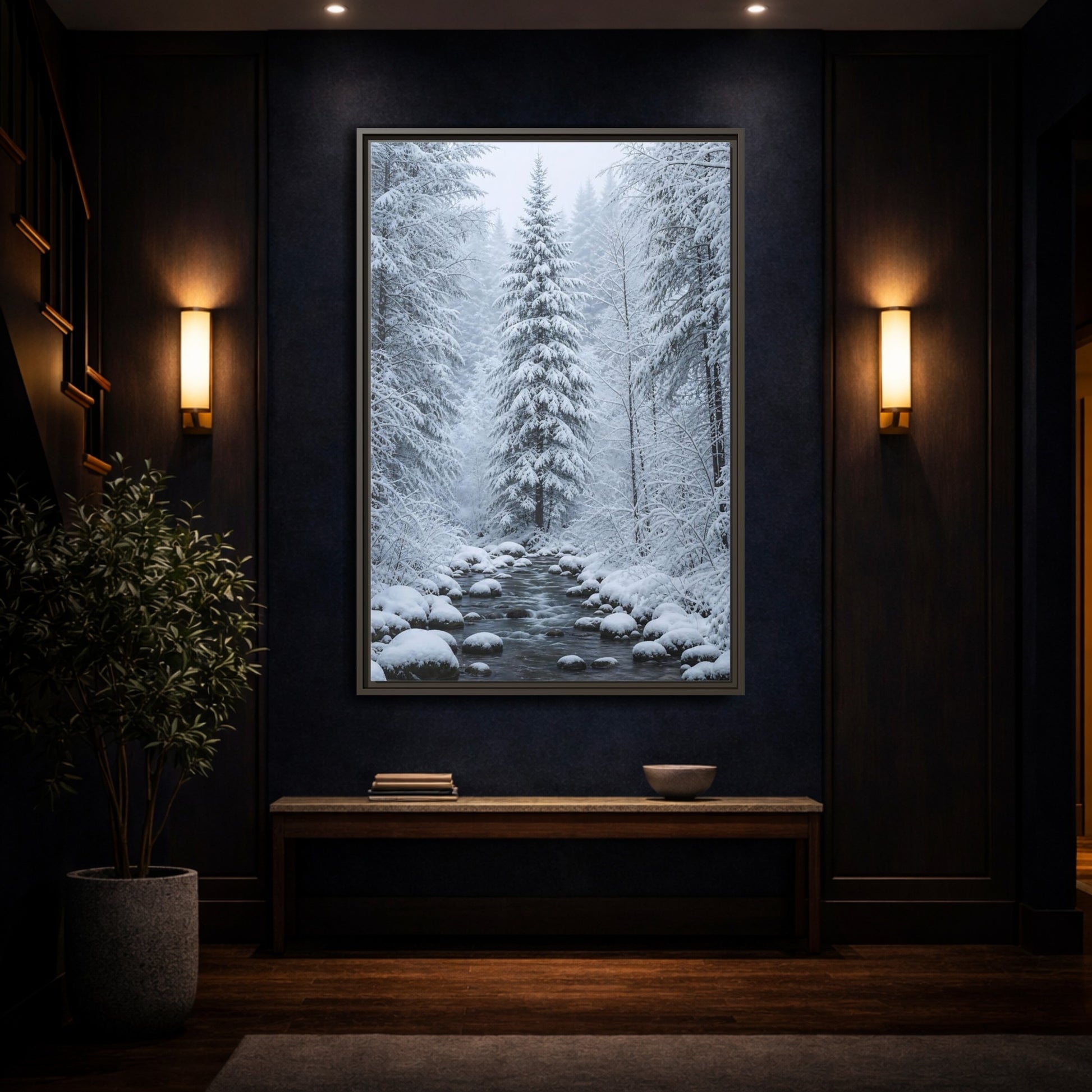 Mockup 4. Nature Winter Forest Snowy Forest Scene shown as stretched canvas wall art