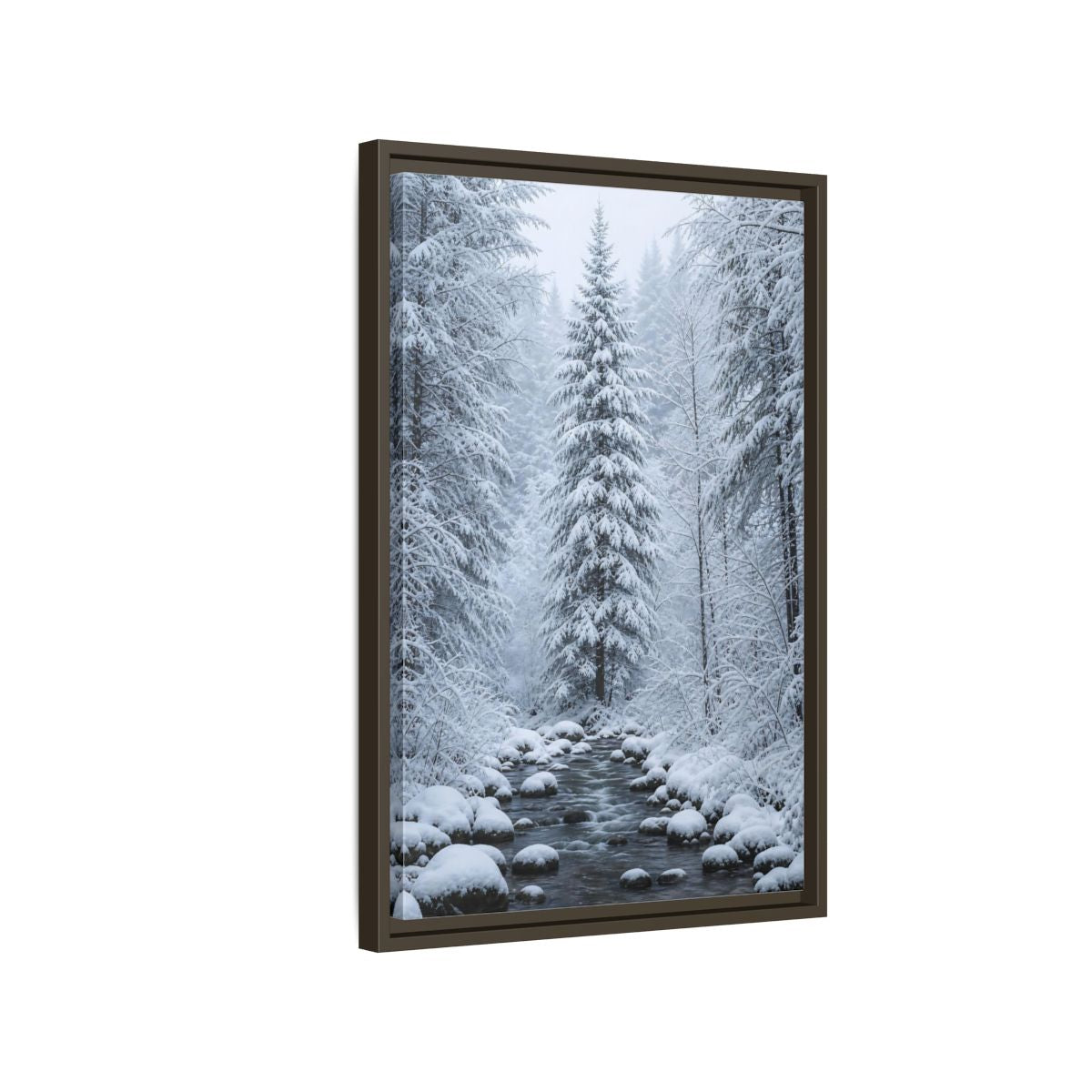 Side Mockup 2. Nature Winter Forest Snowy Forest Scene shown as stretched canvas wall art