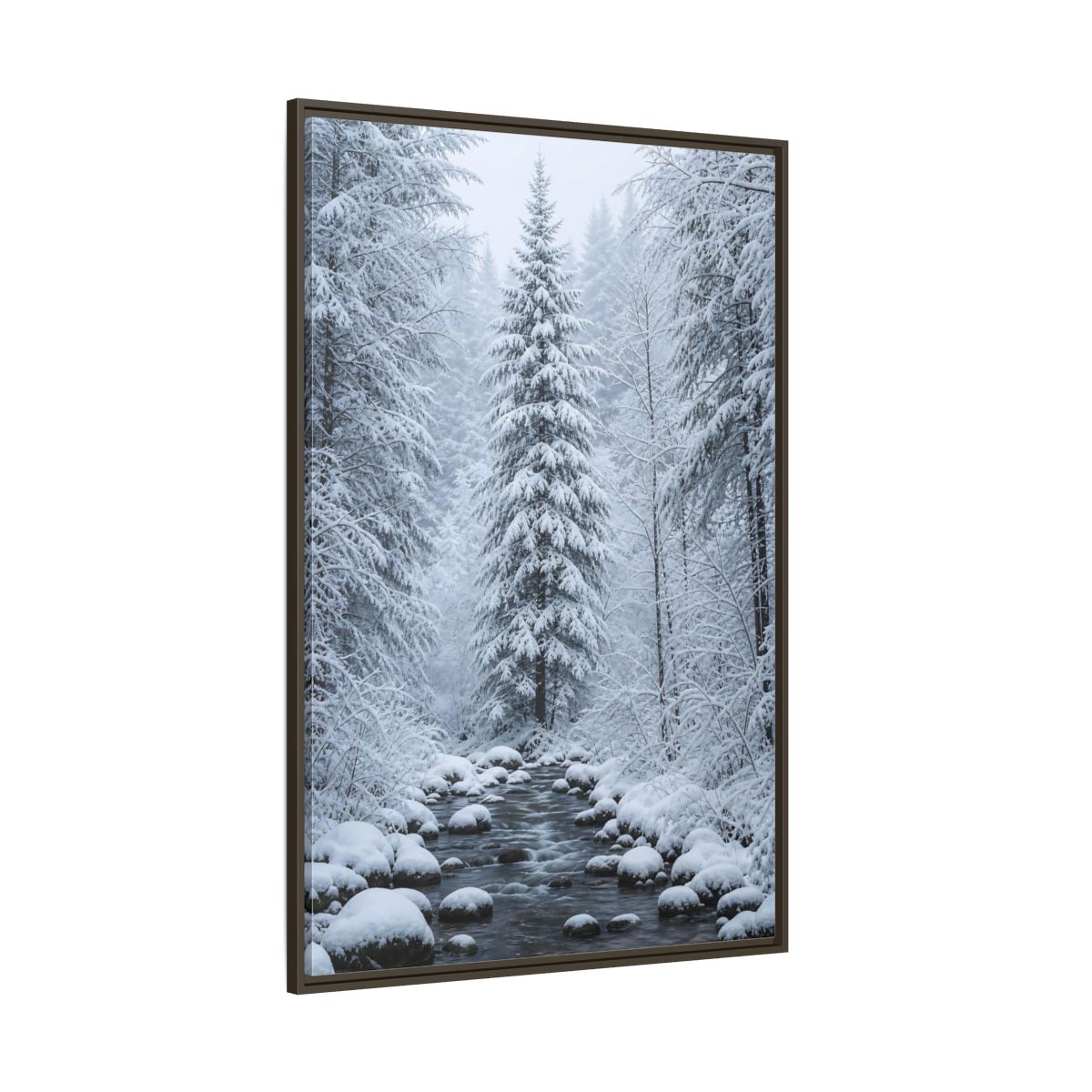 Side Mockup 8. Nature Winter Forest Snowy Forest Scene shown as stretched canvas wall art