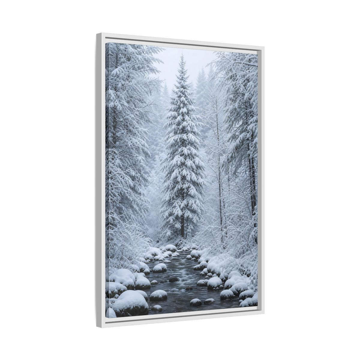Side Mockup 10. Nature Winter Forest Snowy Forest Scene shown as stretched canvas wall art
