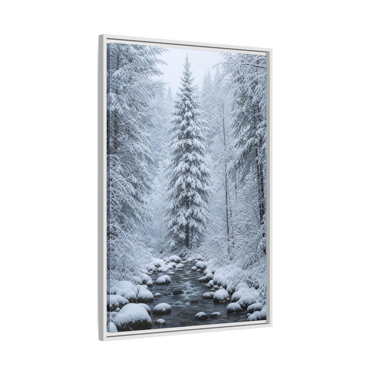 Side Mockup 9. Nature Winter Forest Snowy Forest Scene shown as stretched canvas wall art