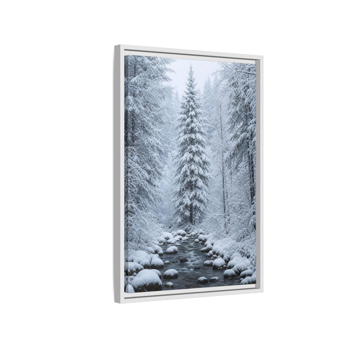 Side Mockup 1. Nature Winter Forest Snowy Forest Scene shown as stretched canvas wall art