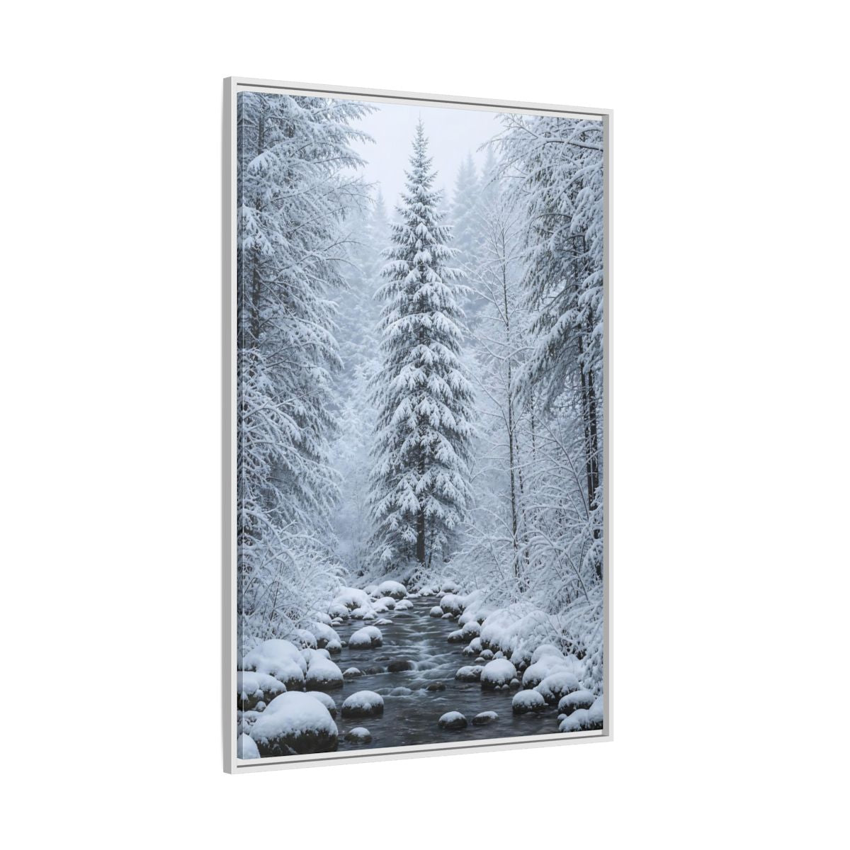 Side Mockup 7. Nature Winter Forest Snowy Forest Scene shown as stretched canvas wall art