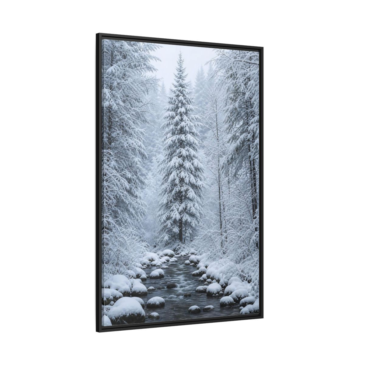 Side Mockup 12. Nature Winter Forest Snowy Forest Scene shown as stretched canvas wall art