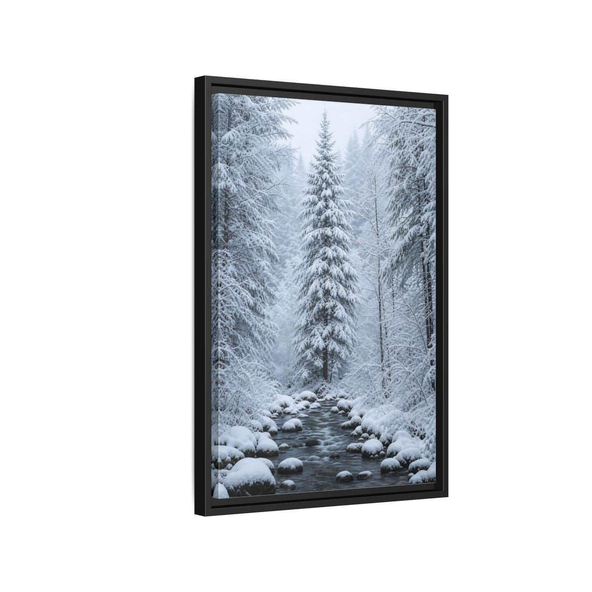Side Mockup 3. Nature Winter Forest Snowy Forest Scene shown as stretched canvas wall art