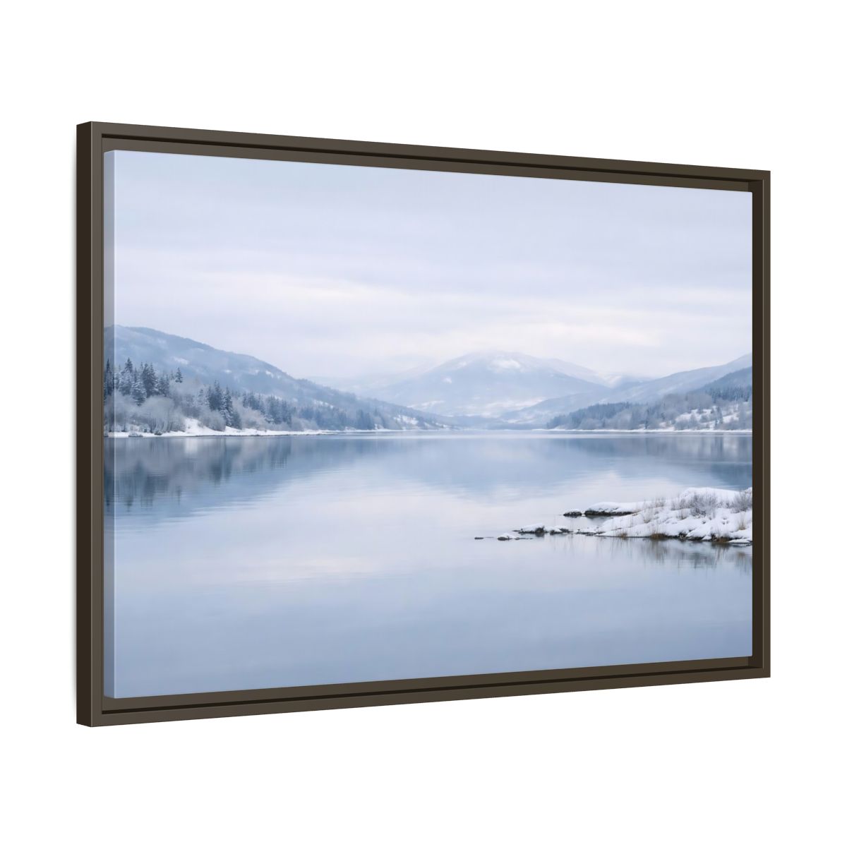 Side Mockup 11. Nature Winter Lake Misty Winter Lake shown as stretched canvas wall art