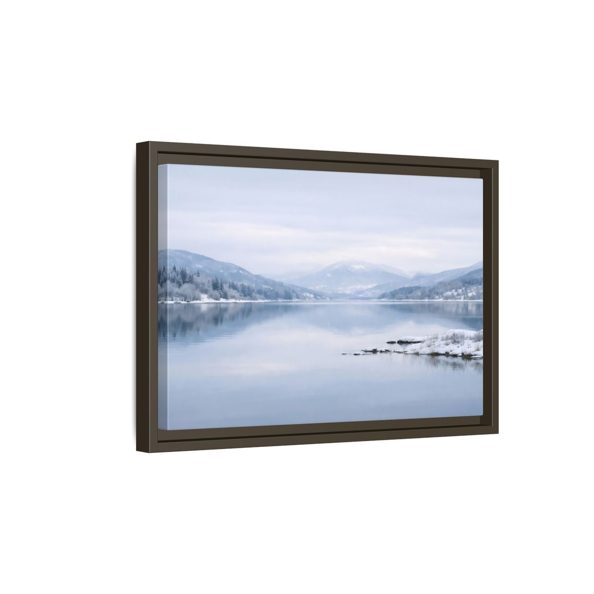 Side Mockup 5. Nature Winter Lake Misty Winter Lake shown as stretched canvas wall art