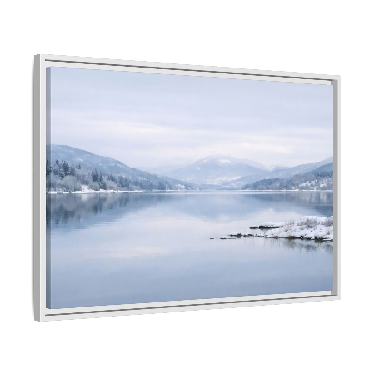 Side Mockup 10. Nature Winter Lake Misty Winter Lake shown as stretched canvas wall art