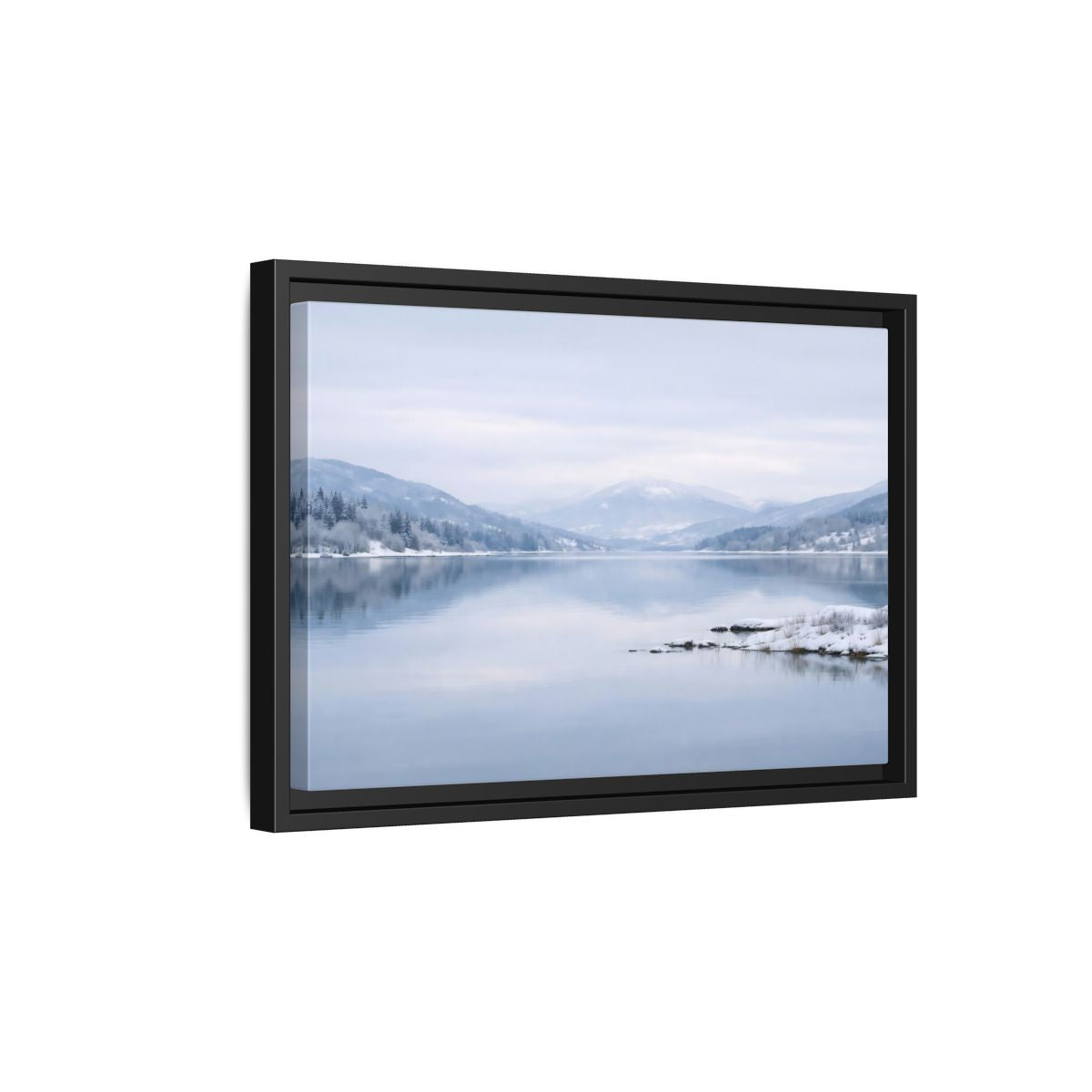 Side Mockup 6. Nature Winter Lake Misty Winter Lake shown as stretched canvas wall art