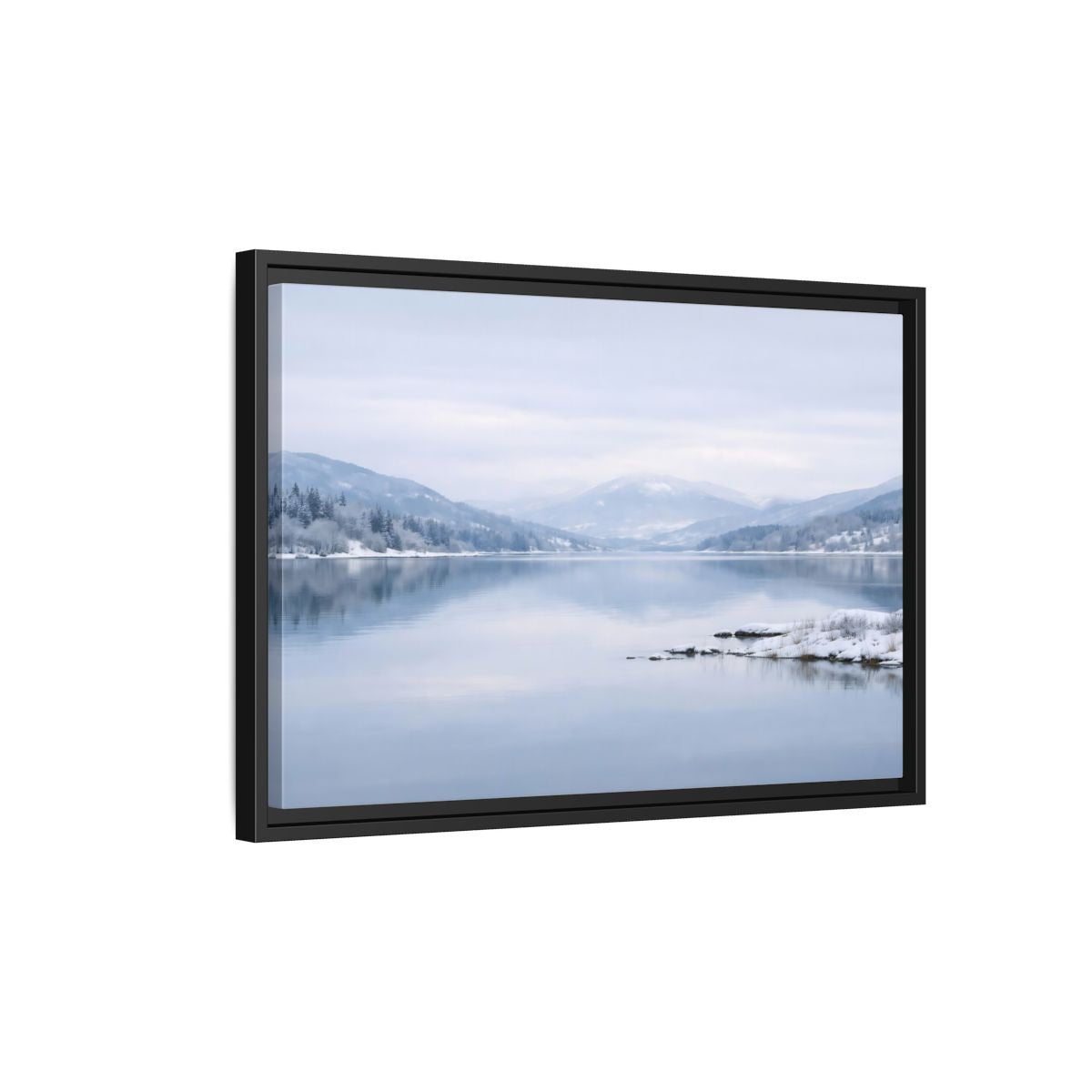 Side Mockup 3. Nature Winter Lake Misty Winter Lake shown as stretched canvas wall art