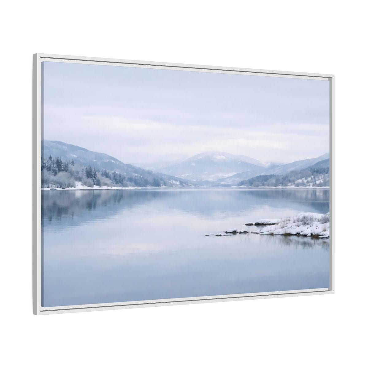 Side Mockup 7. Nature Winter Lake Misty Winter Lake shown as stretched canvas wall art