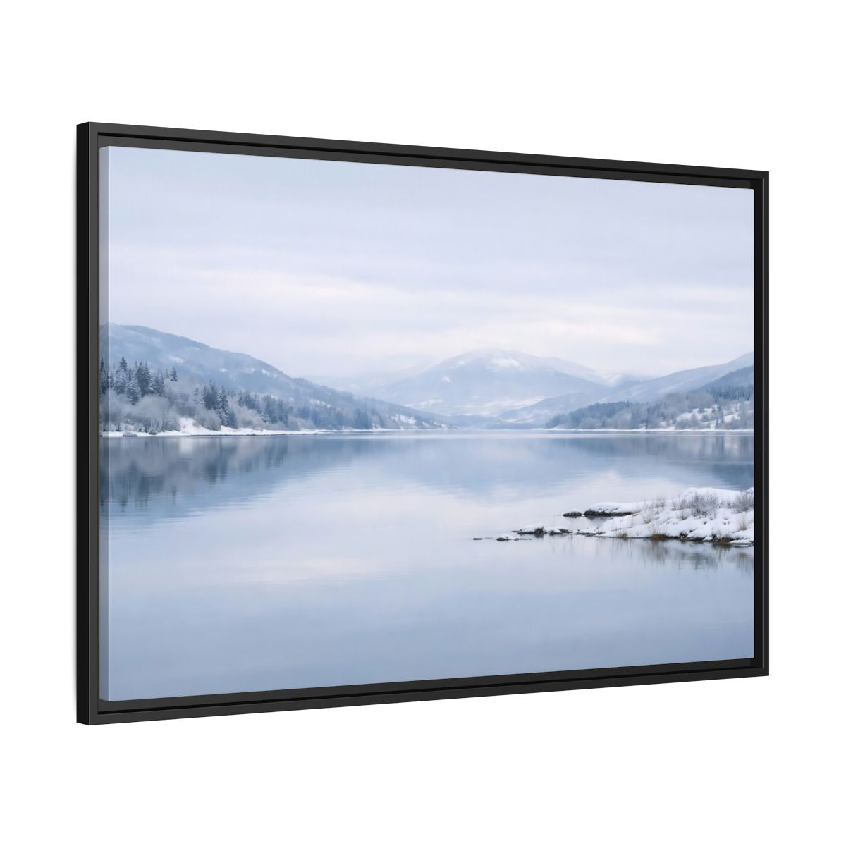 Side Mockup 13. Nature Winter Lake Misty Winter Lake shown as stretched canvas wall art