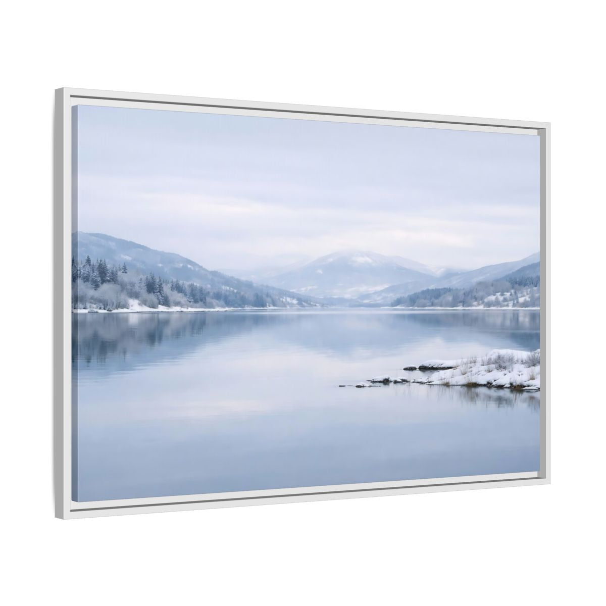 Side Mockup 9. Nature Winter Lake Misty Winter Lake shown as stretched canvas wall art