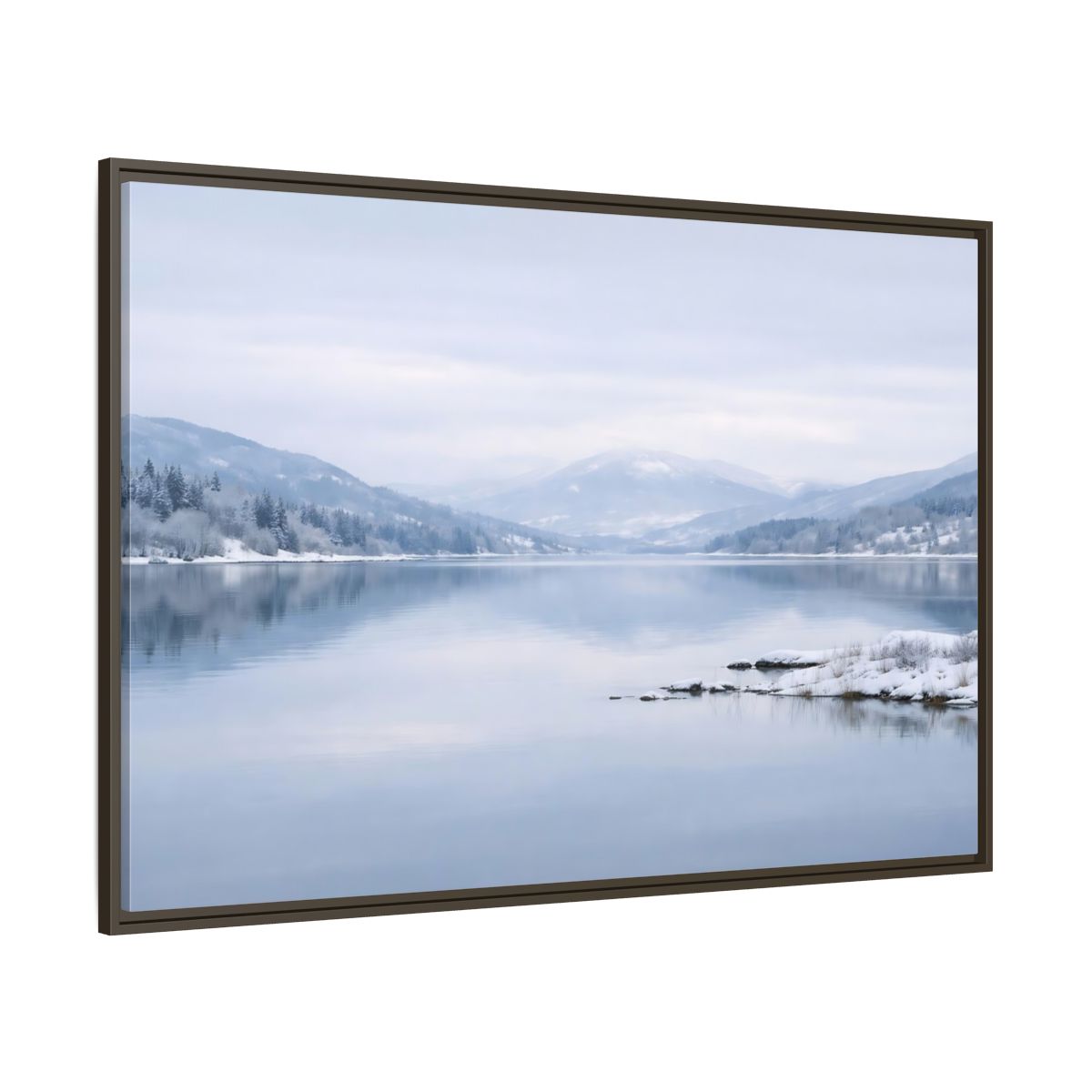 Side Mockup 8. Nature Winter Lake Misty Winter Lake shown as stretched canvas wall art