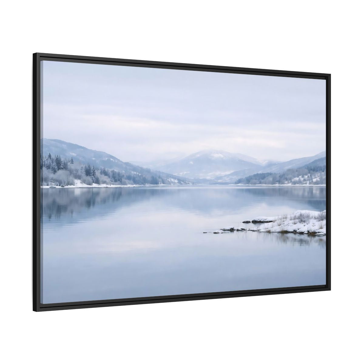 Side Mockup 12. Nature Winter Lake Misty Winter Lake shown as stretched canvas wall art