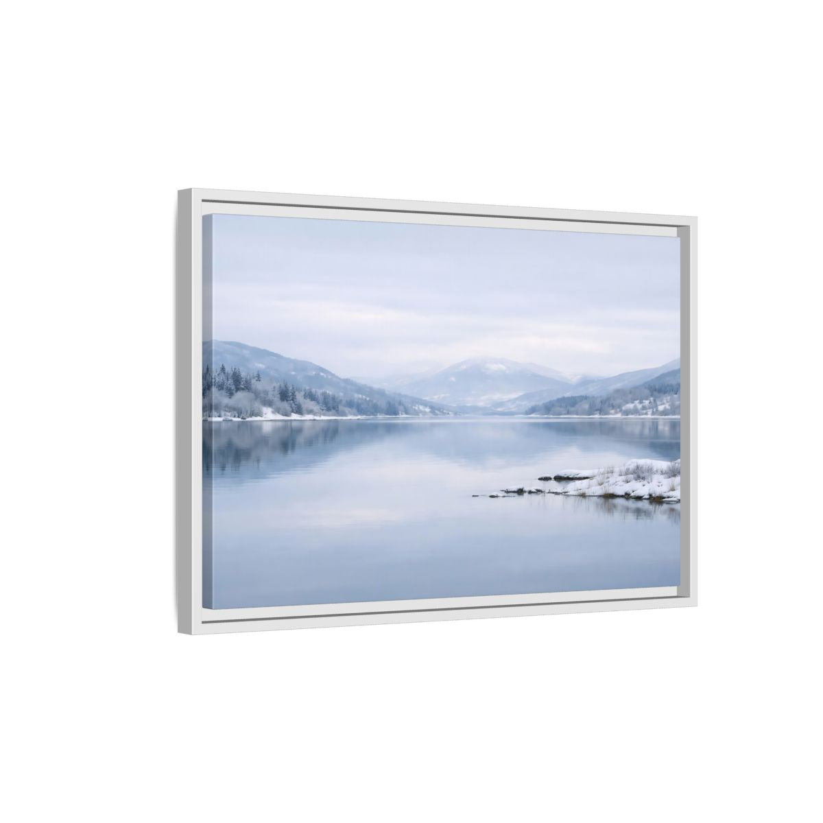 Side Mockup 1. Nature Winter Lake Misty Winter Lake shown as stretched canvas wall art