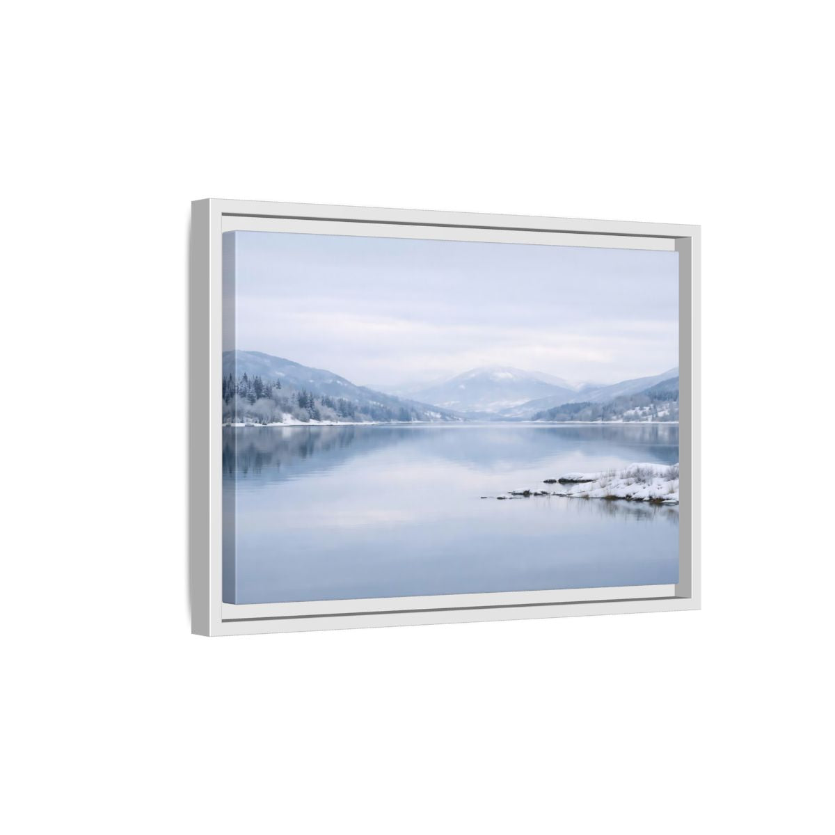 Side Mockup 4. Nature Winter Lake Misty Winter Lake shown as stretched canvas wall art