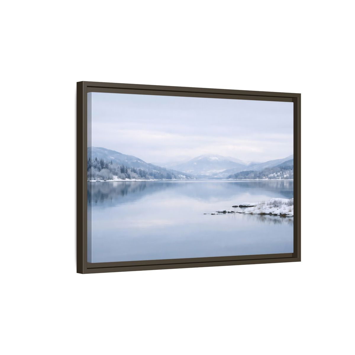 Side Mockup 2. Nature Winter Lake Misty Winter Lake shown as stretched canvas wall art
