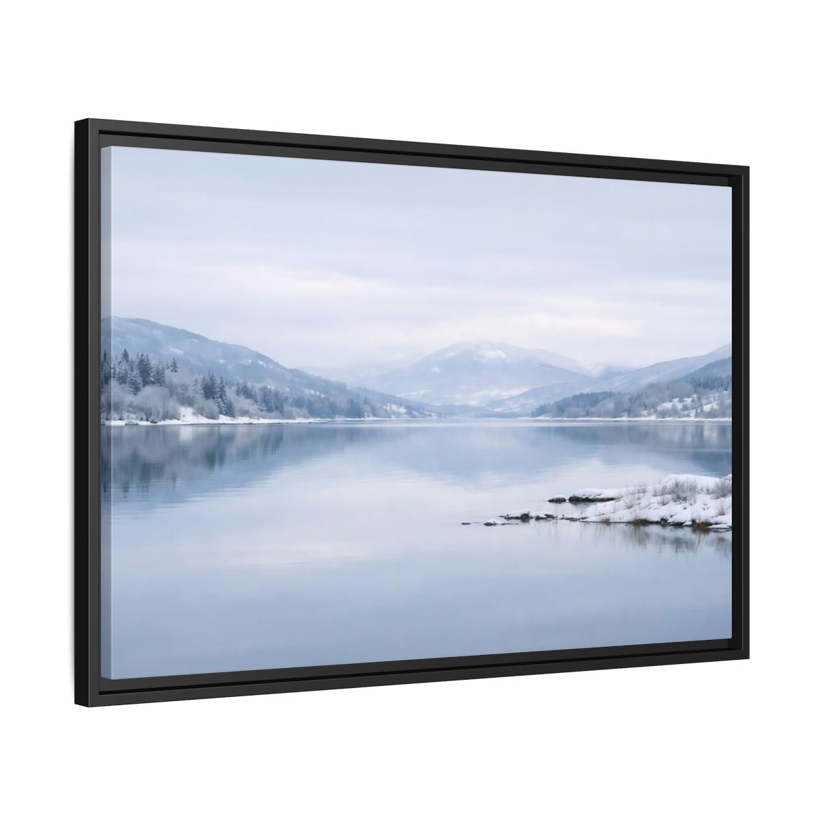 Side Mockup 14. Nature Winter Lake Misty Winter Lake shown as stretched canvas wall art