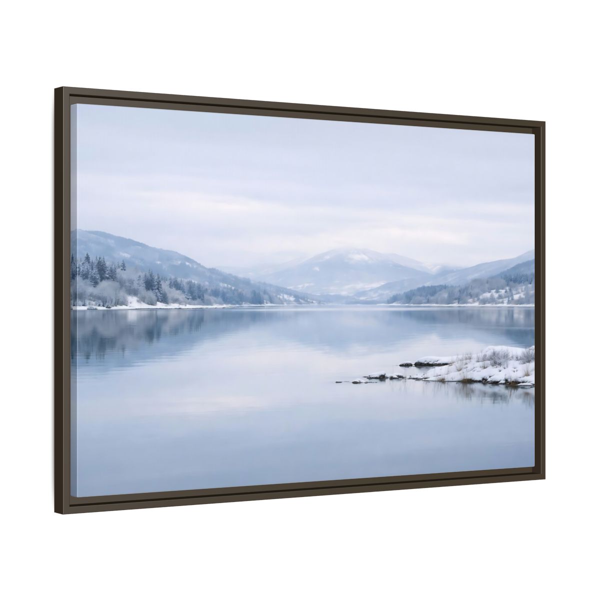 Main Mockup. Nature Winter Lake Misty Winter Lake shown as stretched canvas wall art