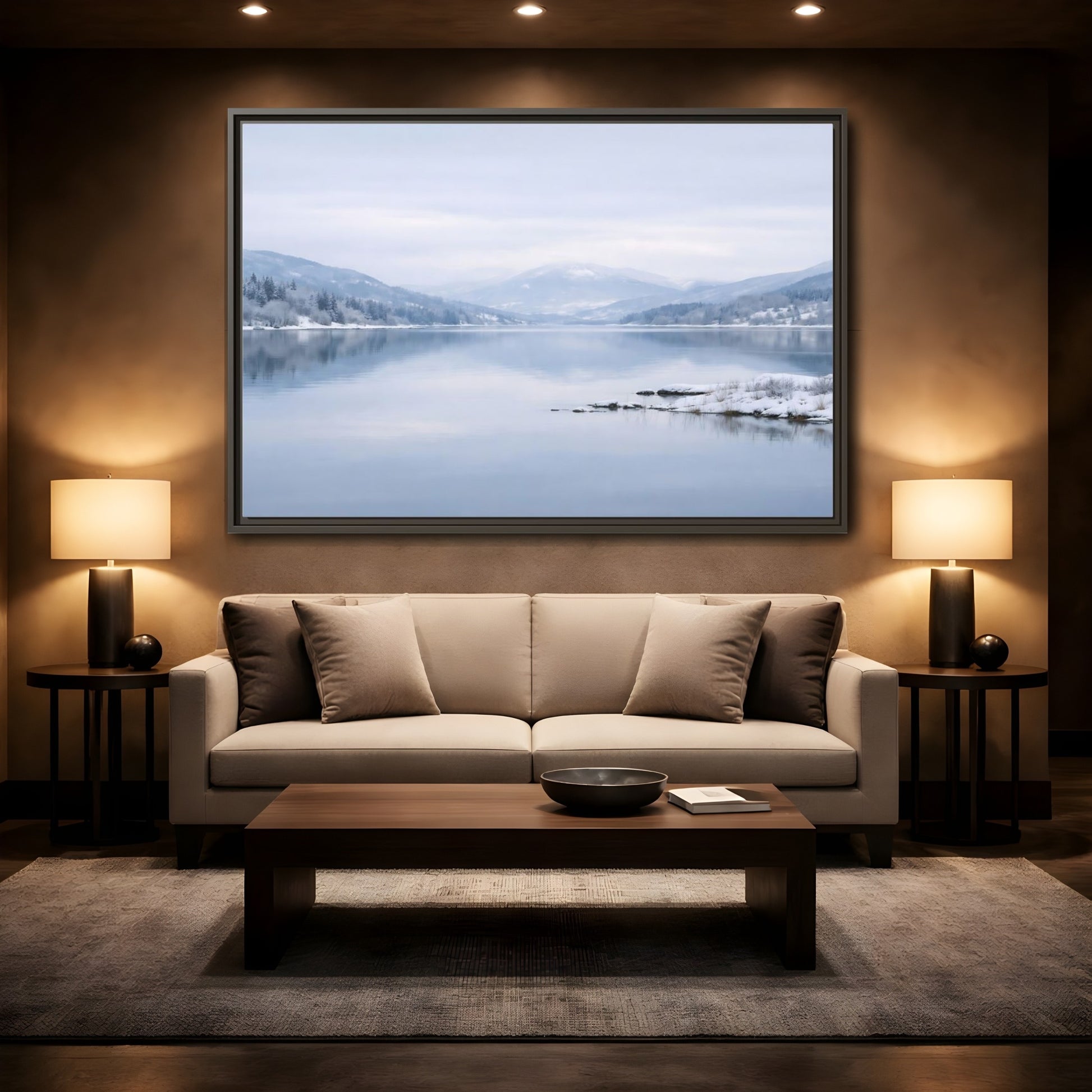 Mockup 2. Nature Winter Lake Misty Winter Lake shown as stretched canvas wall art