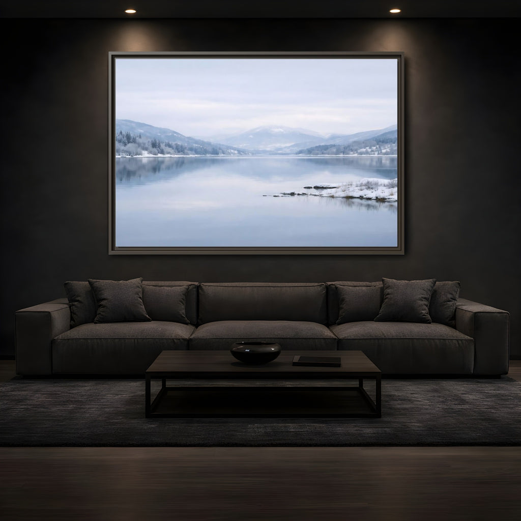 Mockup 3. Nature Winter Lake Misty Winter Lake shown as stretched canvas wall art