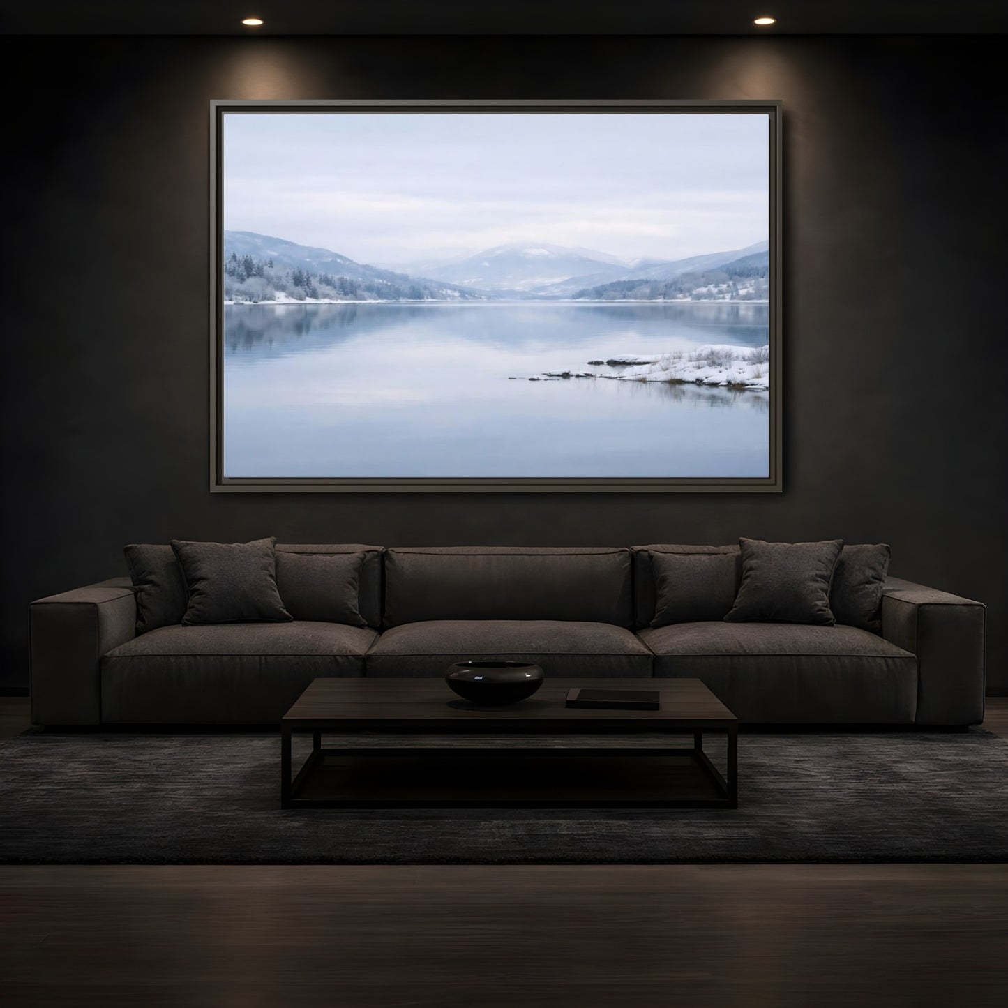 Mockup 3. Nature Winter Lake Misty Winter Lake shown as stretched canvas wall art