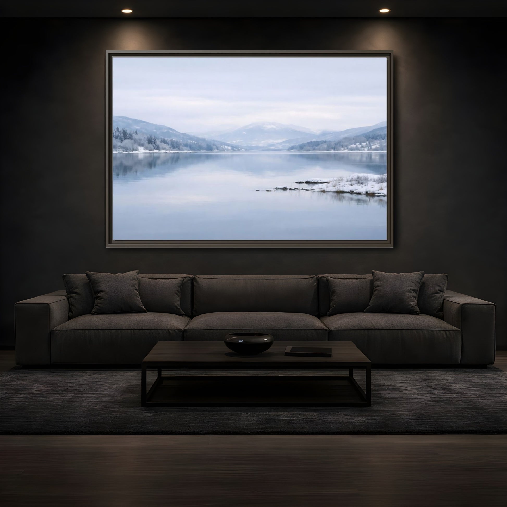 Mockup 3. Nature Winter Lake Misty Winter Lake shown as stretched canvas wall art