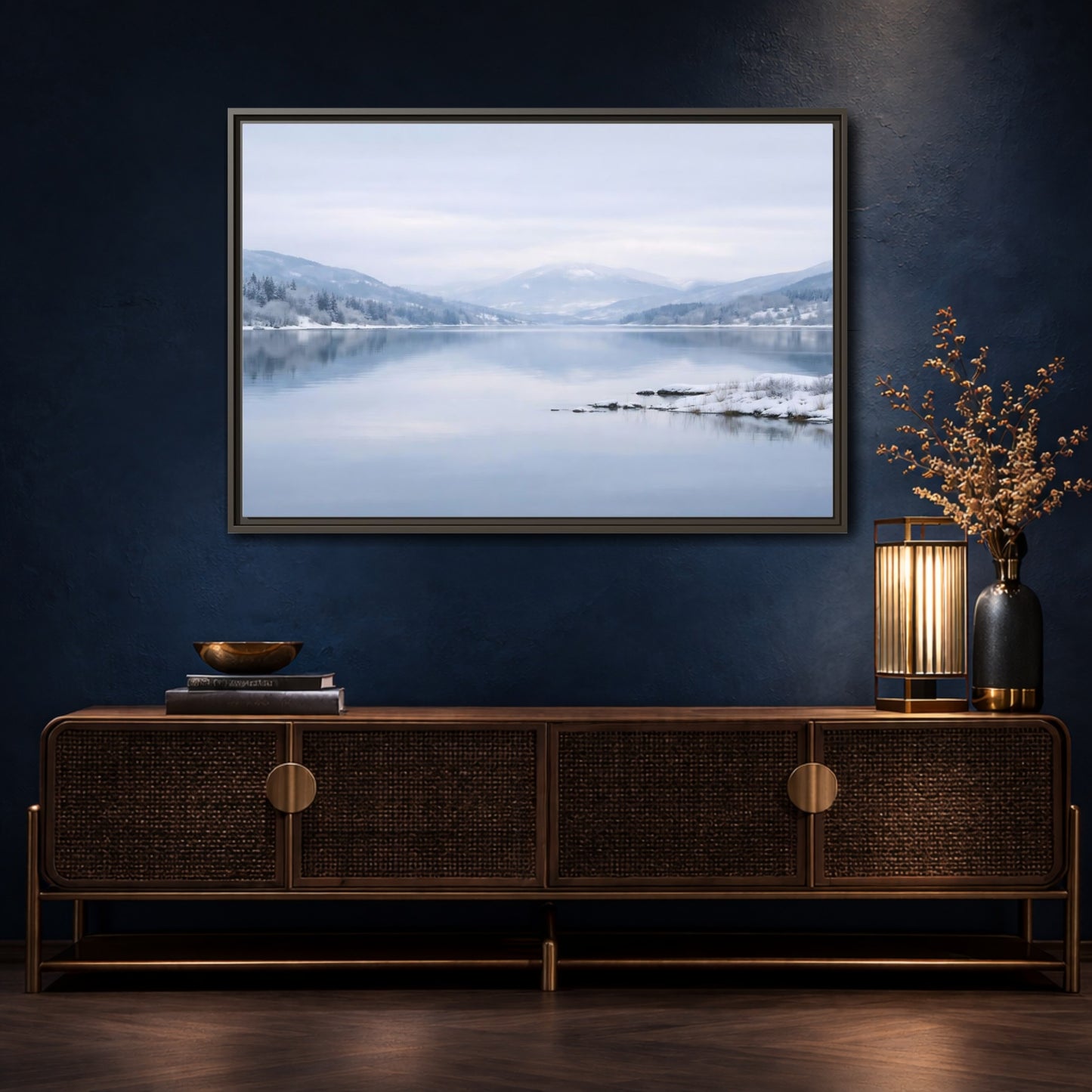 Mockup 4. Nature Winter Lake Misty Winter Lake shown as stretched canvas wall art