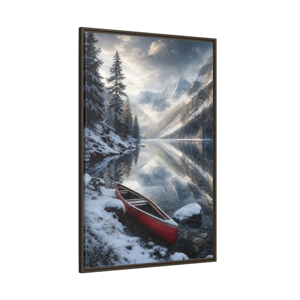 Side Mockup 8. Nature Winter Lake Red Canoe Winter shown as stretched canvas wall art
