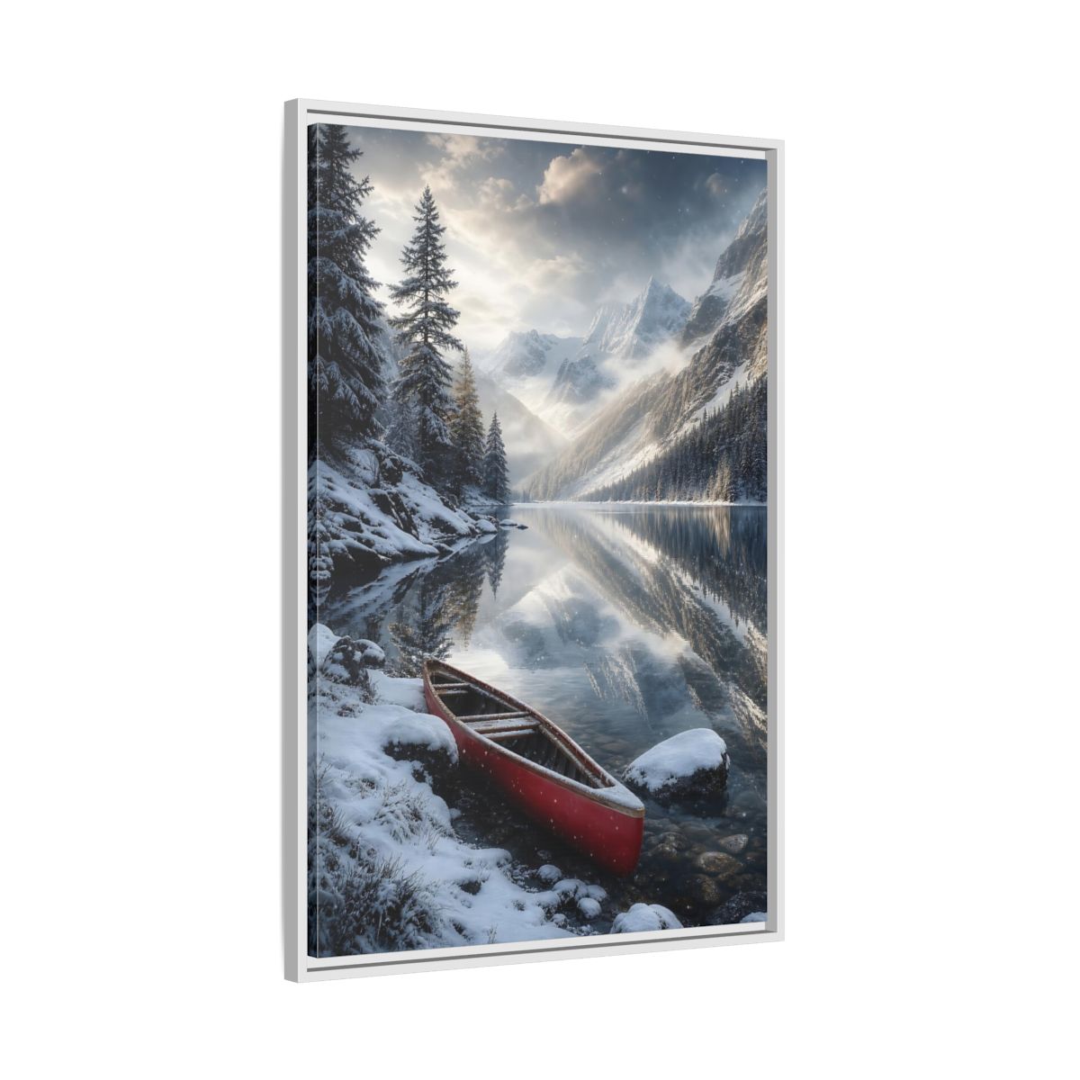 Side Mockup 9. Nature Winter Lake Red Canoe Winter shown as stretched canvas wall art