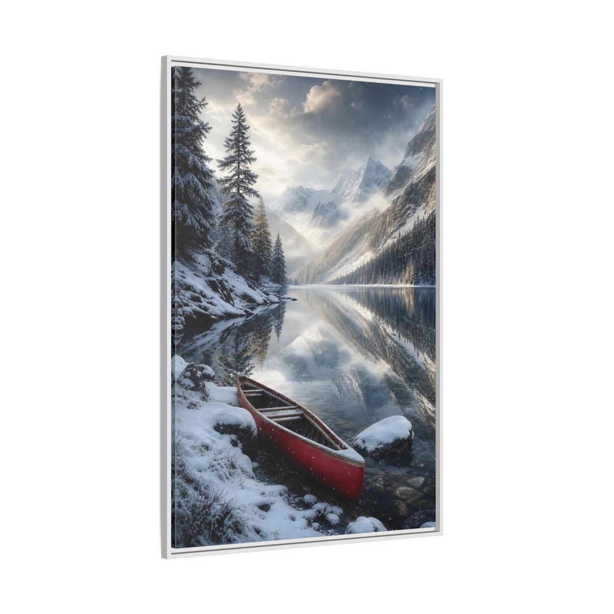 Side Mockup 7. Nature Winter Lake Red Canoe Winter shown as stretched canvas wall art