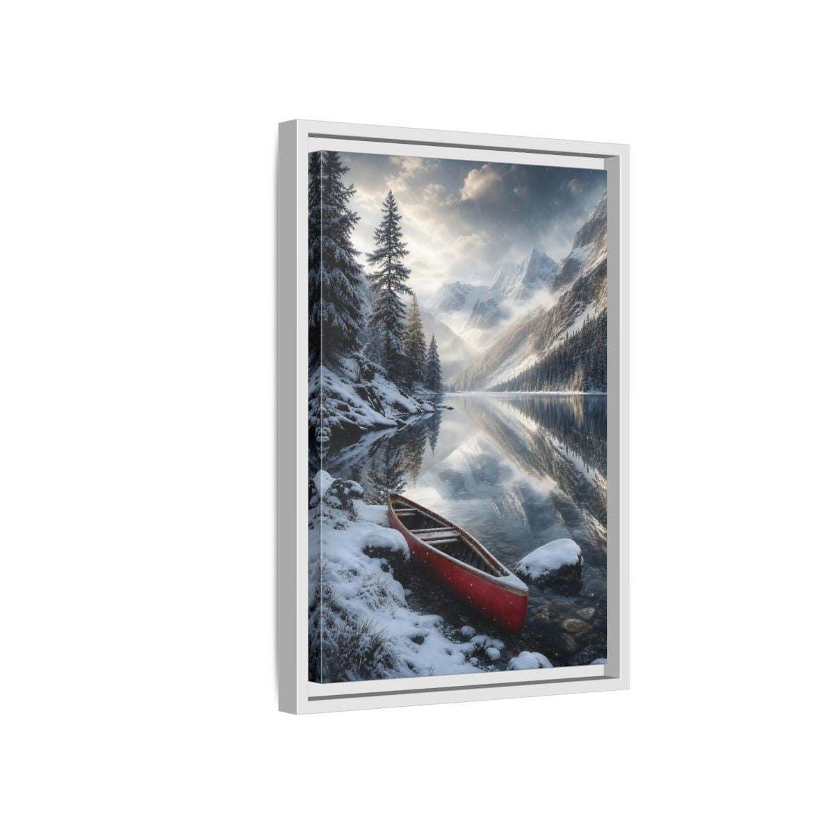 Side Mockup 4. Nature Winter Lake Red Canoe Winter shown as stretched canvas wall art