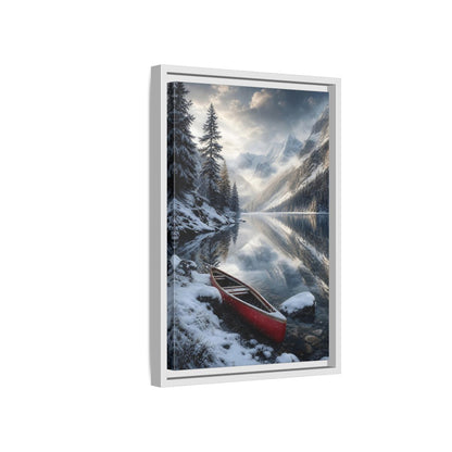 Side Mockup 4. Nature Winter Lake Red Canoe Winter shown as stretched canvas wall art