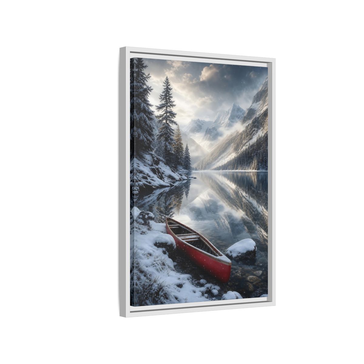 Side Mockup 1. Nature Winter Lake Red Canoe Winter shown as stretched canvas wall art