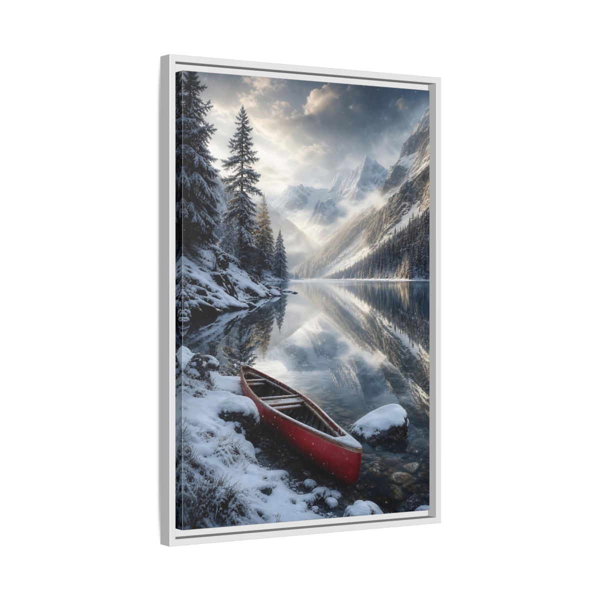 Side Mockup 10. Nature Winter Lake Red Canoe Winter shown as stretched canvas wall art